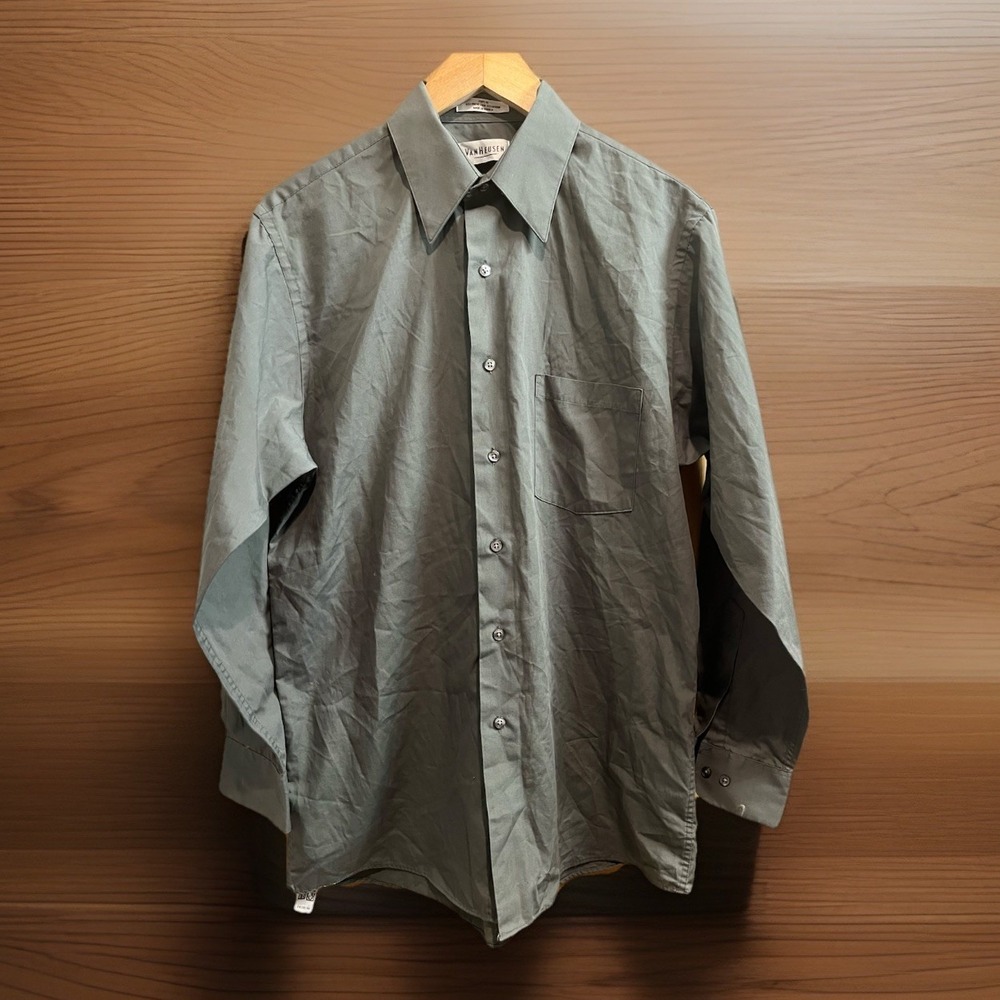 Van Heusen 15.5 32/33 Greenish Gray Poplin Button Dress Shirt Men's Long Sleeve